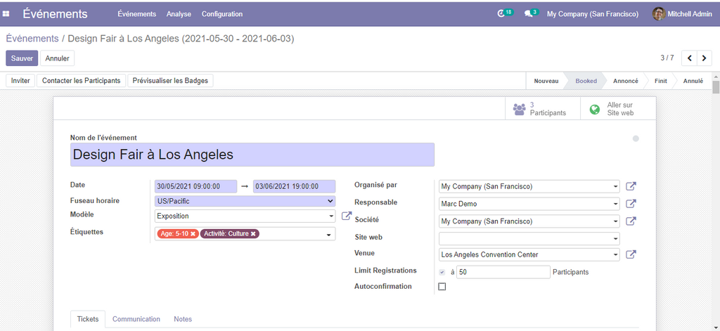 Gestion des évènements Odoo: 
