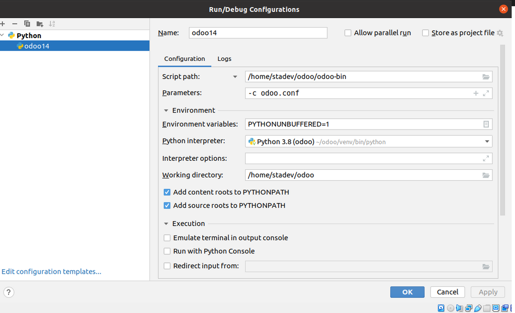 Configuration pycharm pour Odoo