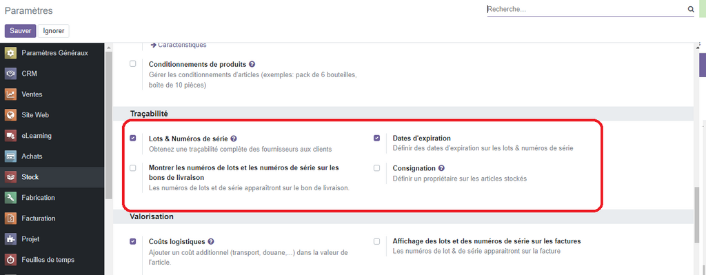 activation de la traçabilité des produits dans Odoo
