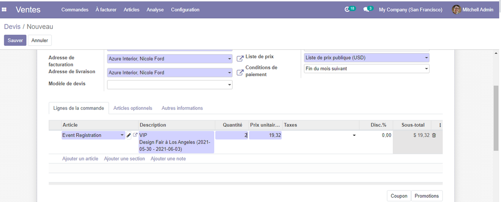 Vente Ticket sur bon de commande