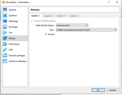 Configuration réseau VirtualBox